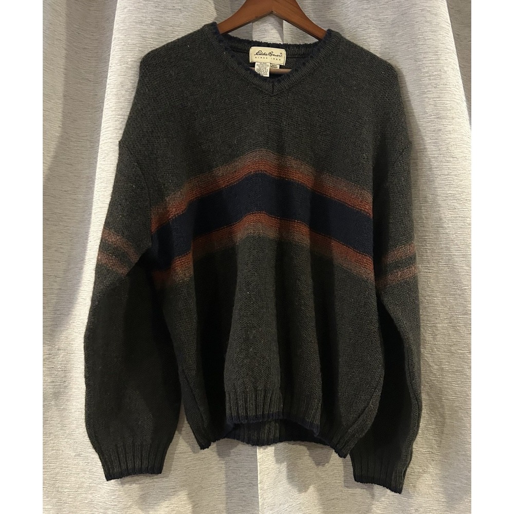 VTG Eddie Bauer Sweater Mens L Wool Blend Green W/ Stripe Thick Knit USA Made